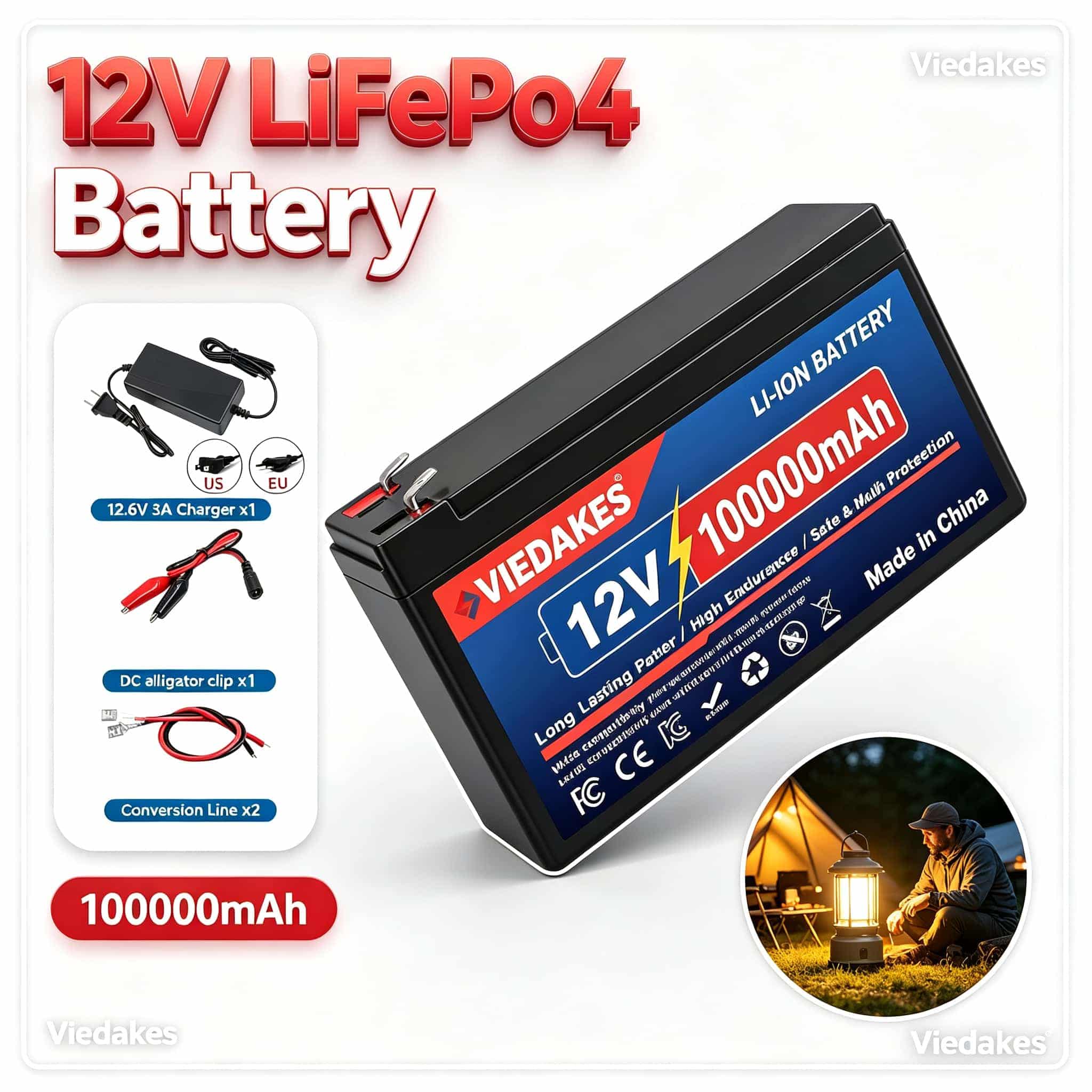 Outdoor Power Pack - Bateria Recarregável VIEDAKES 12V LiFePO4 100000mAh